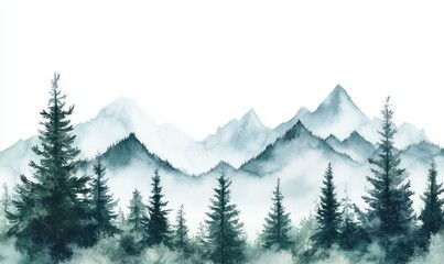 Fototapeta premium Watercolor Mountain Landscape with Evergreen Trees Seamless Border Natural Scenic Elements