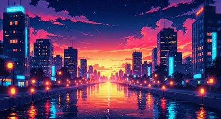 Vibrant sunset lights fading into neon city lights at night anime cartoon style illustration artwork design background