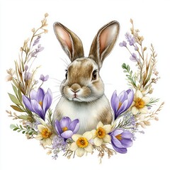 Easter Bunny Watercolor Illustration with Floral Wreath of Daffodils and Crocuses for Seasonal Decoration