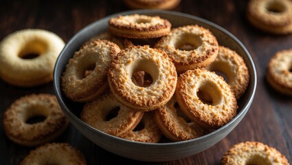 Naklejka premium Ring Coconut biscuits arranged in a bowl. Small donuts. Selective focus.