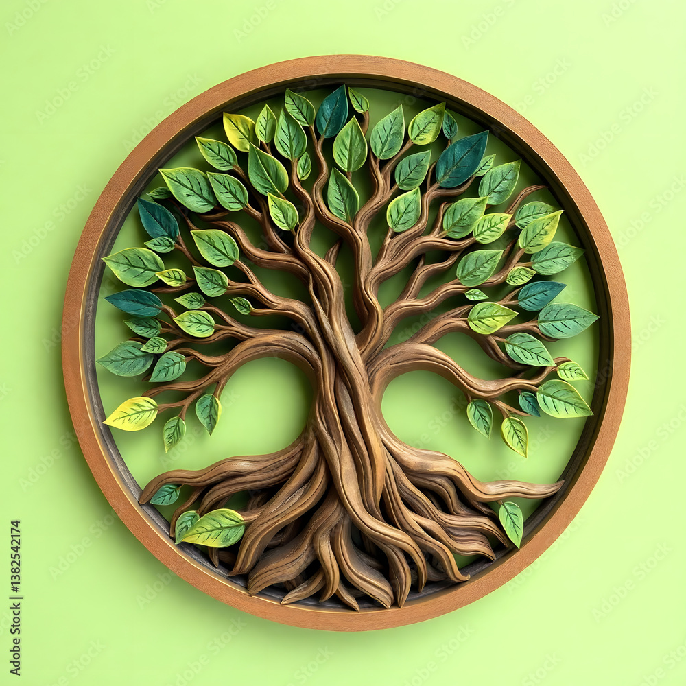 Fototapete a digital illustration of a tree of life symbol, a root within a circle, rendered in layered paper c