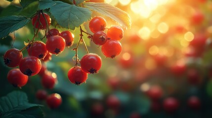 Fototapeta premium Sunset glow on red berries in a garden
