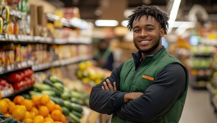 Friendly supermarket worker brings warmth and charisma to the grocery aisle with a welcoming smile and vibrant energy