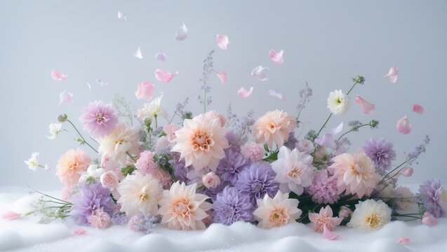 Repeatable pink blossom breeze of various flying flower buds and petals, in depth of field, isolated on pure white.