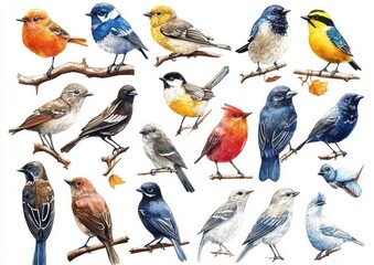 Watercolor Illustration of Various Forest Birds Collection with Names Woodpecker Robin Owl Magpie Chickadee Wren Bluebird Jay