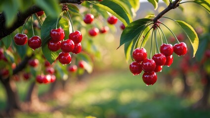 Obraz premium Harvesting ripe red cherries from a vibrant tree in a sunny orchard during the season of picking.