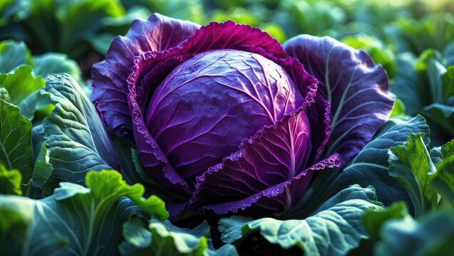 Red cabbage thrives in a garden bed within a field.
