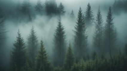 Panoramic perspective of a forest shrouded in fog