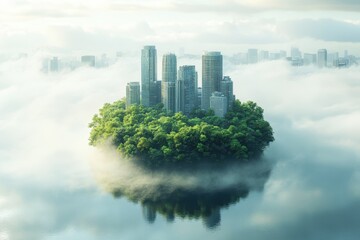 Fototapeta premium A futuristic city surrounded by lush greenery rises above the misty waters in the early morning