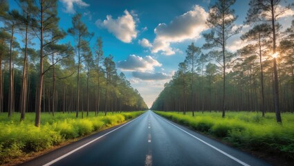 Naklejka premium The asphalt road featuring markings and grassy shoulders runs through a pine forest. Young trees flourish along the edges. A sunny day with a blue sky and clouds.