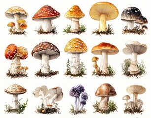 Edible and Medicinal Mushroom Species Collection Vintage Watercolor Illustration Set