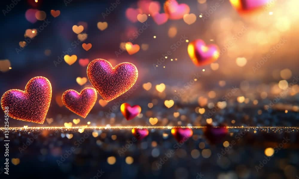 Wall mural glowing pink and red hearts pulsating slightly and drifting with golden light hue in seamless loop m