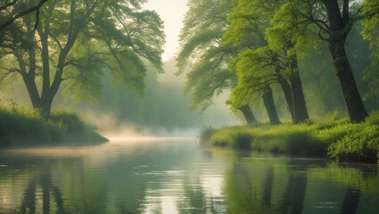 Obraz premium Calm and serene ambiance along the riverbank, sunny shoreline - a glimpse of the tranquil river.