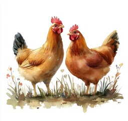 Fototapeta premium Watercolor Chickens Rooster Hen Bird Art Decorative Illustration Farm Animals White Background