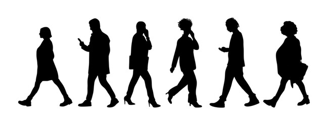 Silhouettes of different People walking side View. Black vector illustrations isolated