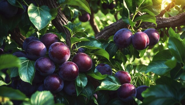 Red, ripe cherry plum on the tree (Prunus cerasifera) from the Rosaceae family.