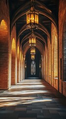 Fototapeta premium Sunlit Collegiate Corridor, Gothic Architecture, Interior