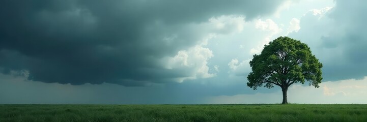 Fototapeta premium Single tree against a grey and cloudy sky with dark clouds, stormy weather, grey cloud, atmospheric