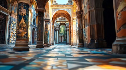 Obraz premium Sunlit Colonnade, Ancient Monastery, Ornate Columns, Mosaic Floor
