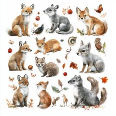 Fototapeta premium Watercolor Forest Animals and Birds Collection Cute Wildlife Poster with Bear Fox Wolf Rabbit Squirrel Deer Owl and Mushrooms