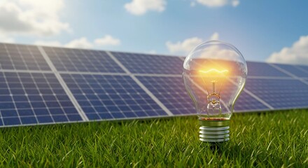 Light bulb with solar energy panel on green field, green energy. Renewable energy sources in environmental science, physics. Conversion of solar energy into electrical energy
