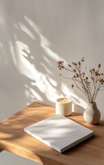 Close-up photo of a modern wooden desk with a blank magazine on it, a white wall in the background, warm light from a candle and a small vase with dry flowers, a minimalist interior design