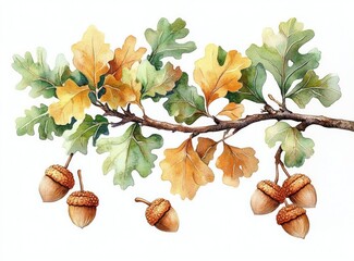 Watercolor Illustration of Acorns, Oak Leaves, and Branches, Botanical Art Set, Natural Elements, Hand-Drawn Oak Tree Collection