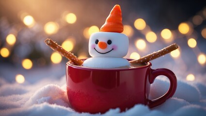 Red mug filled with hot chocolate featuring a melted marshmallow snowman.