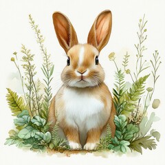 Obraz premium Cute Bunny Watercolor Illustration of a Brown and White Rabbit Sitting in Green Grass Surrounded by Plants and Flowers for Easter and Seasonal Decor
