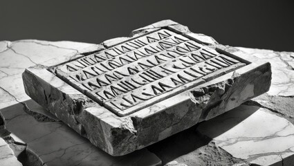 Retro text background. Section of a fractured ancient inscription, carved on a marble slab. Monochrome.