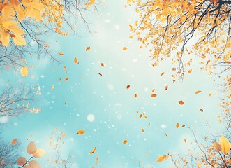 Abstract autumn sky with trees, yellow leaves and blue background