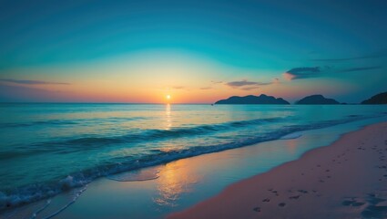 Obraz premium Phuket beach at twilight, featuring a vibrant golden yellow sunset against a clear blue sky, with no people present.
