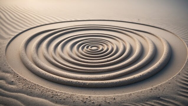 Pattern in a Zen Garden featuring concentric circles on sand intended for meditation and tranquility. Aesthetic minimal sandy background. Overhead view.