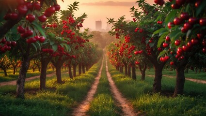 Ripening cherries on the tree.