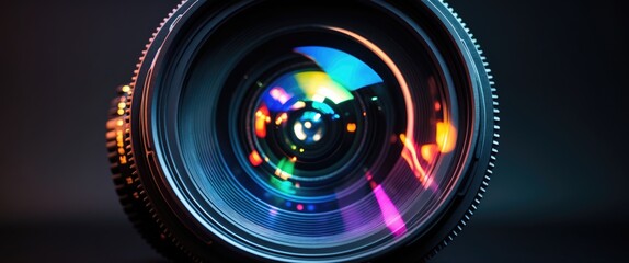 Photo or video camera lens featuring light reflections in close-up against a backdrop.