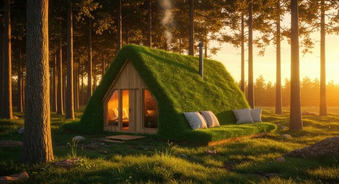 Cozy grass-covered cabin nestled among tall trees at sunset, exuding warmth and tranquility - couch grass plant