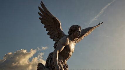 A statue of Icarus at the moment of his fall, wings ablaze, eyes locked onto the sun