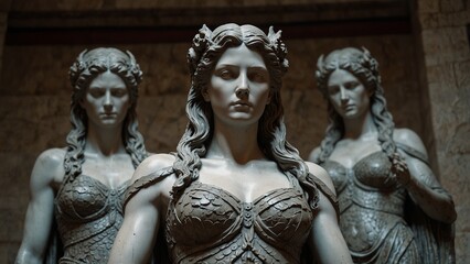 A statue of the Erinyes, three snake-haired goddesses glaring in wrath