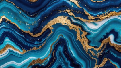 Photo of ocean blue agate marble pattern featuring golden veins in close-up. Background texture suitable for backdrops or mapping.