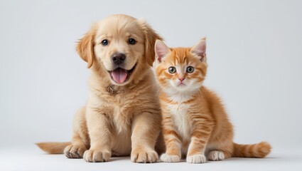 Retriever puppy and cat together, isolated against a white background.