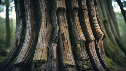 Texture relief of brown bark from a tree adorned with green moss and lichen. Panoramic depiction of the texture.