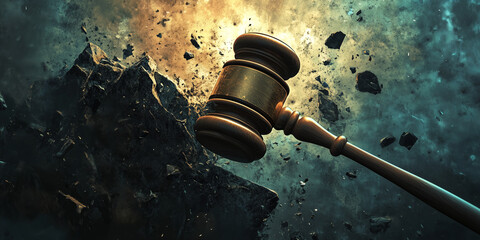 Wooden judge’s gavel smashing through dark debris, symbolizing law enforcement, dramatic decisions, and justice prevailing against chaos.