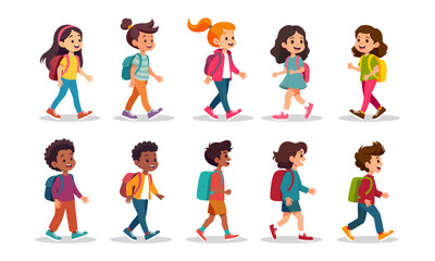 Kids walking to school characters vector illustration set