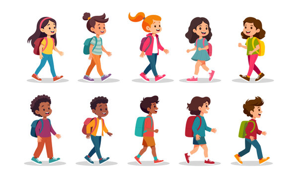 Kids walking to school characters vector illustration set