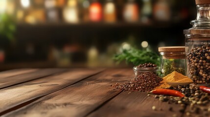Wooden table on blurred kitchen bench background .Spices on wooden