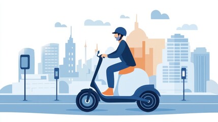 Modern Urban Delivery with Electric Scooter in Cityscape Background
