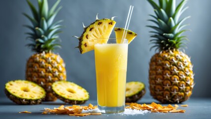 Pineapple juice on a gray backdrop, accompanied by a pineapple and nearby pineapple slices.