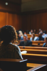Woman addresses courtroom audience during legal proceeding, viewed from behind, in warm-lit formal judicial setting.