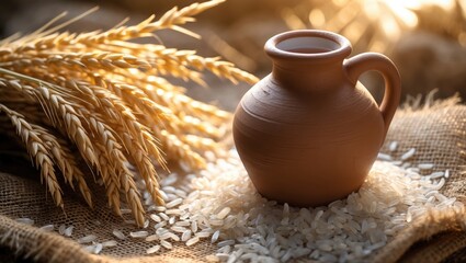 Rice milk and rice seeds arranged on a wooden tabletop backdrop.