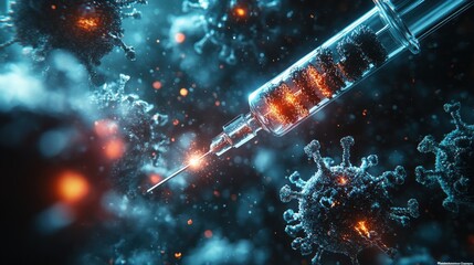 Detailed Illustration of SARS-CoV-2 Virus Particle and mRNA with Syringe Injecting Blue Light Background